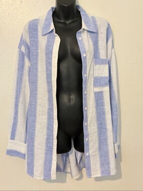 Maeve Light Blue and White Vertical Stripe Button-Up Shirt